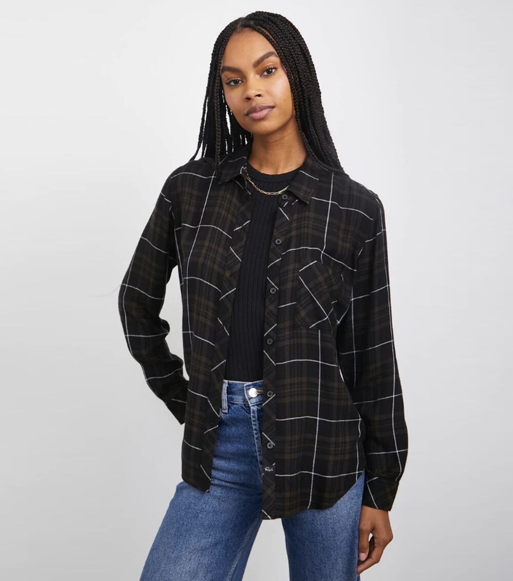 Rails Women Olive Carbon Plaid Rayon Woven Hunter Oversize Button Shirt Size S